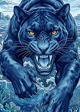 Fierce Blue Panther Underwater Illustration
