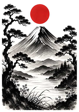 Mount Fuji with Red Sun