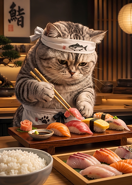 Cute Cat Sushi Chef Preparing Nigiri