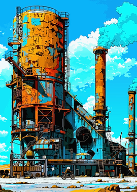 Rusty Industrial Plant with Motorcyclist