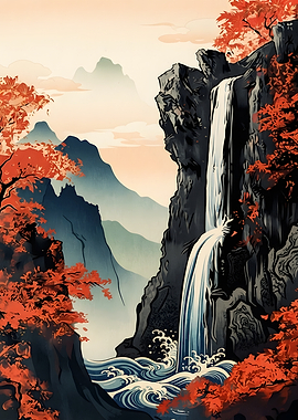 Ukiyo-e Style Waterfall and Autumn Forest