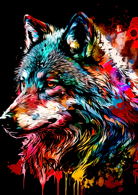 Vibrant Colorful Wolf Portrait