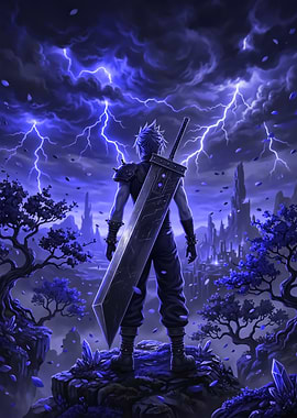 Cloud Strife Standing Under Stormy Skies