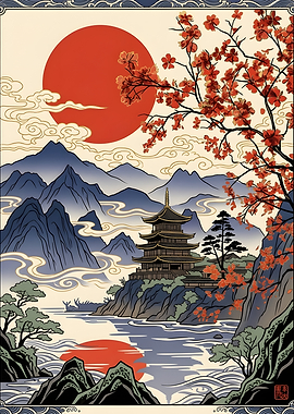 Traditional Japanese Pagoda Landscape Art