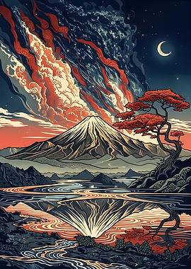 Mount Fuji Ukiyo-e Style Landscape