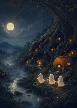 Cute Ghosts Visiting Pumpkin Village