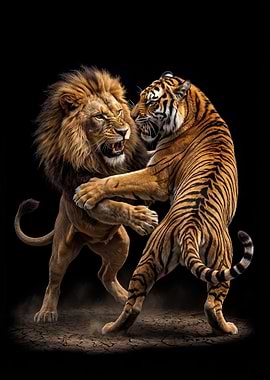 angry Lion and Tiger Fighting poster