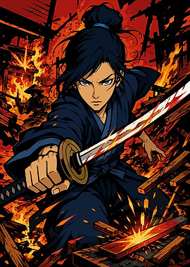 Samurai Warrior in Burning Ruins