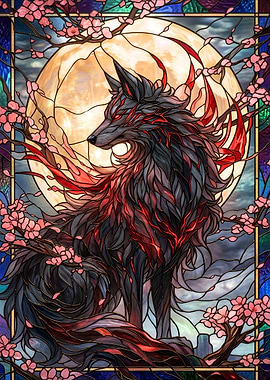 Stained Glass Wolf and Cherry Blossoms