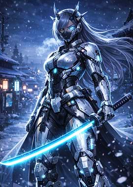 Cybernetic Samurai Warrior in Snow