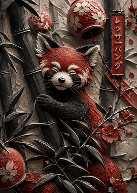 Red Panda Bamboo Relief Art