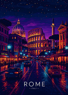 Vibrant Nighttime Street View of Rome