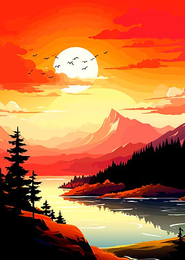 Vibrant Sunset Mountain Lake Landscape