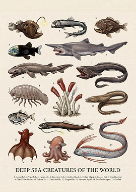 Deep Sea Creatures Scientific Illustration Poster