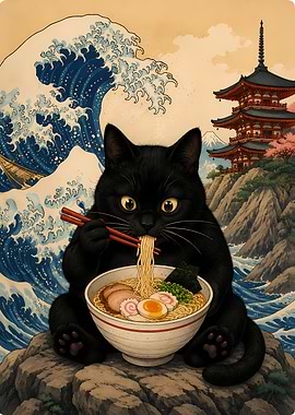 Black Cat Eating Ramen Ukiyo-e Style