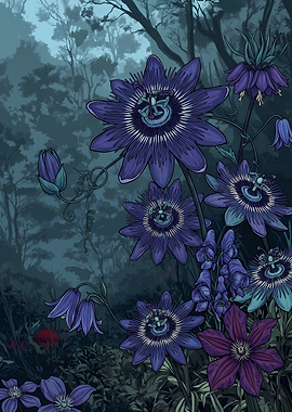 Dark Moody Passion Flower Illustration