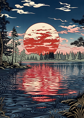 Red Moon Over Serene Lake