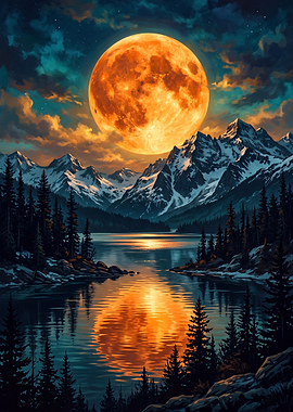 Golden Supermoon Over Mountain Lake