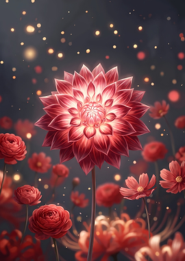 Glowing Red Dahlia in Magical Garden