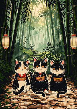 Three Cats in Kimonos Bamboo Forest
