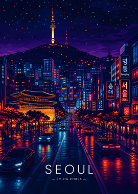Seoul Cityscape Night Travel Poster