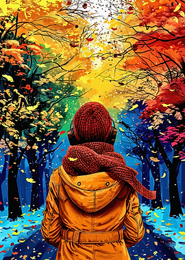 Person Walking Through Vibrant Autumn Forest