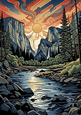 Stylized Yosemite Valley Sunset Landscape