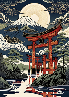 Mount Fuji and Torii Gates Illustration