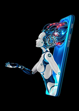 AI Robot Emerging from Smartphone