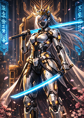 Cybernetic Samurai Queen with Glowing Blades