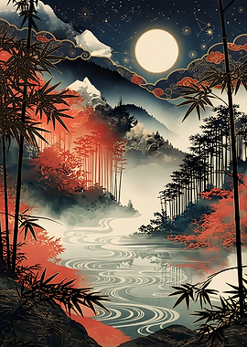 Moonlit Bamboo Forest and River Landscape