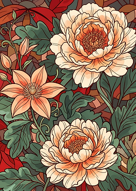 Art Nouveau Floral Peony Illustration