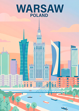 Warsaw Poland Skyline Travel Poster