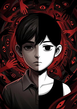 Omori Split Face Psychological Horror Art