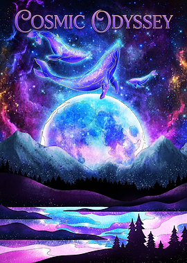 Cosmic Odyssey Whales and Moon