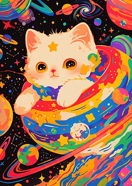 Cute Kitten in Colorful Space