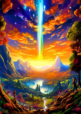 Vibrant Fantasy Landscape with Celestial Beam