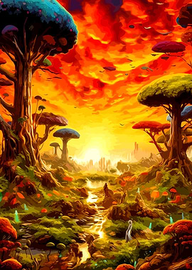 Surreal Alien Forest at Sunset