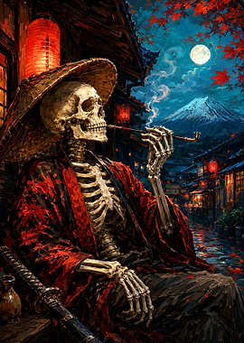 Skeleton Samurai Smoking Under Moonlight