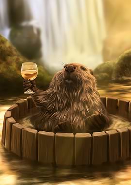 Beaver Relaxing in a Wooden Tub