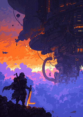 Pixel Art Samurai and Floating City