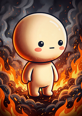 Cute Character Standing in Fire