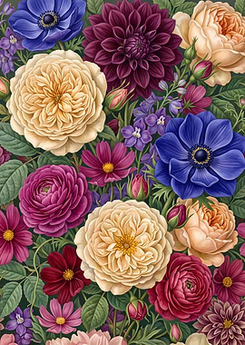 Vibrant Floral Garden Botanical Illustration
