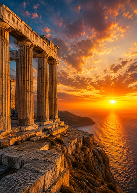 Ancient Greek Temple at Sunset