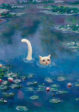 Crying Cat in Monet Water Lilies
