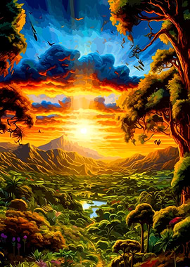 Vibrant Tropical Sunset Mountain Landscape