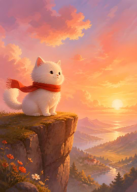 Cute White Kitten at Sunset