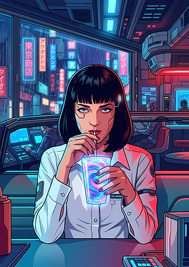 Mia Wallace Drinking Neon Shake