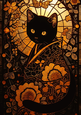 Stained Glass Cat in Kimono