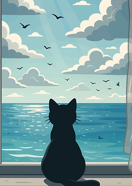 Black Cat Watching the Ocean